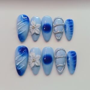 3D Handcrafted Blue Press On Nails 10 Pcs Set